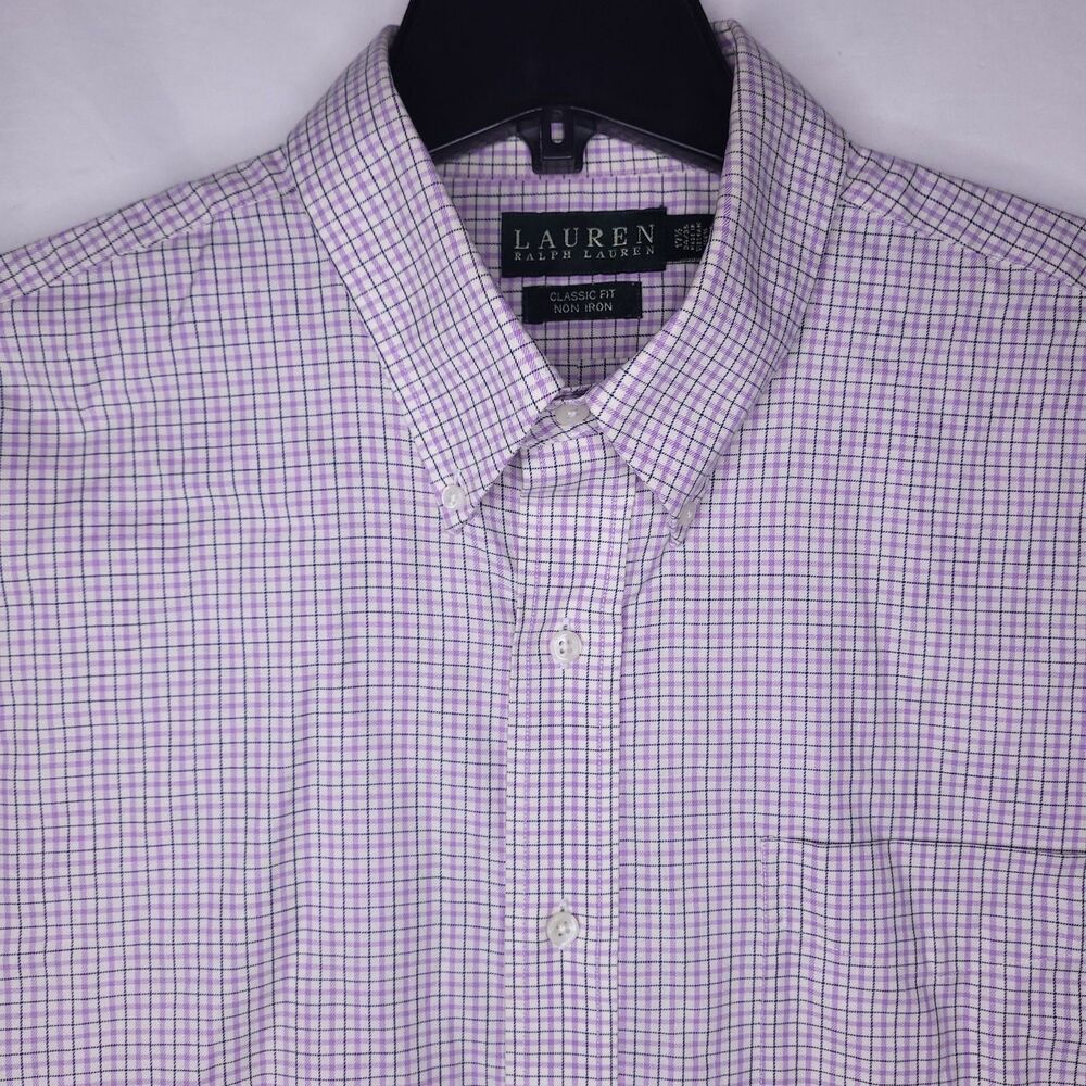 Lauren Ralph Lauren Dress Shirt Mens 17.5 Check White, Purple Non Iron Classic